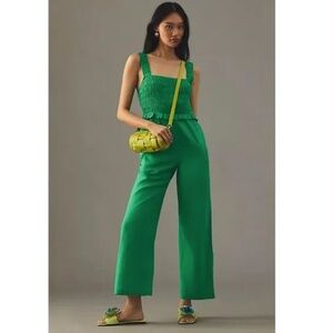 Anthropologie If By Sea Smocked Square-Neck Green Jumpsuit | Size S